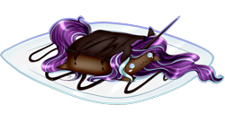 Size: 1111x563 | Tagged: safe, artist:absolitedisaster08, oc, oc:magical brownie, species:pony, chubbie, brownie, dish, horn, literal, simple background, solo, transparent background