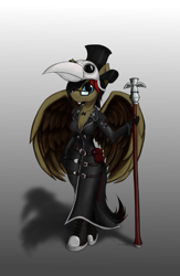 Size: 587x898 | Tagged: safe, artist:shamziwhite, oc, species:anthro, species:pegasus, species:pony, belts, clothing, coat, converse, female, glasses, hat, mask, plague doctor, plague doctor mask, pouch, shoes, silver, simple background, solo, staff, wings, ych result