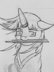 Size: 960x1280 | Tagged: safe, artist:dreamingnoctis, character:twilight sparkle, species:pony, ask asylum twilight, bust, female, file, horn cap, magic suppression, monochrome, mouth hold, portrait, sketch, solo, traditional art