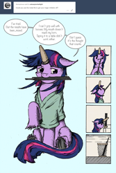 Size: 1103x1655 | Tagged: safe, artist:dreamingnoctis, character:twilight sparkle, species:pony, ask asylum twilight, female, file, horn cap, magic suppression, mouth hold, sitting, solo, trash can, underhoof