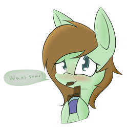 Size: 2089x2105 | Tagged: safe, artist:lofis, oc, oc only, oc:mint chocolate, species:pony, asking, blushing, chocolate, cute, dialogue, eating, female, food, looking at you, mare, question, simple background, solo, text, transparent background