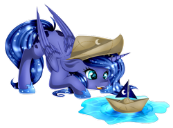 Size: 1024x759 | Tagged: safe, artist:absolitedisaster08, character:princess luna, species:pony, moonstuck, cartographer's cap, clothing, cute, female, filly, hat, lunabetes, paper boat, simple background, solo, transparent background, woona, younger