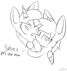 Size: 3146x3321 | Tagged: safe, artist:lofis, oc, oc only, oc:blu, oc:mint chocolate, species:pegasus, species:pony, species:unicorn, black and white, cheek squish, cute, dialogue, duo, female, grayscale, hug, looking at you, mare, monochrome, simple background, snuggling, squishy cheeks, surprised, white background