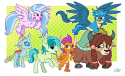 Size: 2680x1624 | Tagged: safe, artist:iheartjapan789, character:gallus, character:ocellus, character:sandbar, character:silverstream, character:smolder, character:yona, species:changeling, species:classical hippogriff, species:dragon, species:earth pony, species:griffon, species:hippogriff, species:pony, species:reformed changeling, species:yak, episode:school daze, g4, my little pony: friendship is magic, chest fluff, cloven hooves, cute, cutie mark, diaocelles, diastreamies, dragoness, female, flying, gallabetes, looking at each other, male, paws, sandabetes, signature, smiling, smolderbetes, stamp of approval, student six, teenager, wings, yonadorable