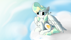 Size: 2560x1440 | Tagged: safe, artist:lunar froxy, character:vapor trail, species:pegasus, species:pony, g4, blushing, cloud, cutie mark, eye clipping through hair, female, mare, sitting, sky, solo