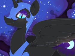 Size: 1024x768 | Tagged: safe, artist:sunibee, character:nightmare moon, character:princess luna, species:alicorn, species:pony, ethereal mane, female, helmet, lidded eyes, mare, smiling, solo, stars