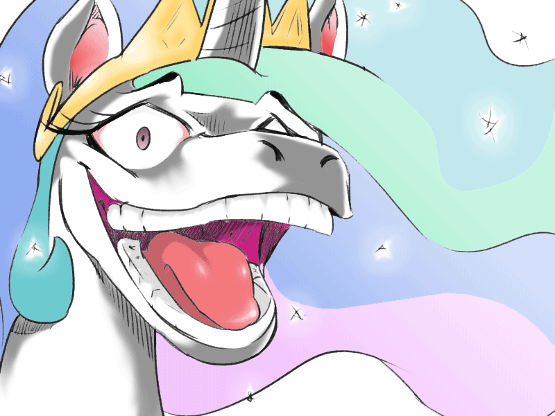 Size: 800x600 | Tagged: dead source, safe, artist:sunibee, character:princess celestia, species:alicorn, species:pony, close-up, colored, creepy, female, hoers, laughing, mare, princess, solo, teeth