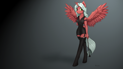 Size: 5760x3240 | Tagged: safe, artist:shamziwhite, oc, oc only, oc:silver wind, species:alicorn, species:anthro, species:pony, species:unguligrade anthro, clothing, feather, red skin, riding crop, solo, stockings, thigh highs, wavy hair, wings, ych result