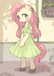 Size: 2480x3508 | Tagged: safe, artist:yanamosuda, character:fluttershy, species:pegasus, species:pony, arm hooves, bipedal, blushing, bow, clothing, cute, dress, female, hair bow, looking at you, mare, semi-anthro, shoes, shyabetes, solo