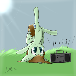Size: 4000x4000 | Tagged: safe, artist:lofis, oc, oc:mint chocolate, species:pegasus, species:pony, balance, bipedal, boombox, cute, cutie mark, female, implied music, mare, music, music notes, radio, shading, signature, solo, standing, standing on one leg, sun, upside down