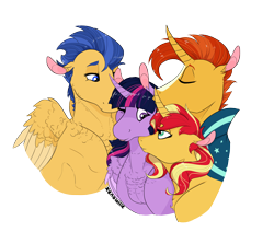 Size: 2532x2145 | Tagged: safe, artist:xenalollie, character:flash sentry, character:sunburst, character:sunset shimmer, character:twilight sparkle, character:twilight sparkle (alicorn), species:alicorn, species:pony, ship:flashlight, ship:sunsetsparkle, ship:twiburst, bisexual, chest fluff, female, high res, lesbian, male, nuzzling, polyamory, shipping, simple background, straight, transparent background, twilight sparkle gets all the mares, twilight sparkle gets all the stallions