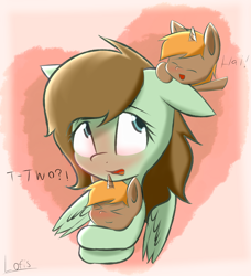 Size: 3318x3643 | Tagged: safe, artist:lofis, oc, oc only, oc:mint chocolate, oc:slypai, species:pegasus, species:pony, species:unicorn, >w<, abstract background, blushing, dialogue, duplication, greeting, heart, holding a pony, hug, overwhelmed, shading, signature, small, snug, text