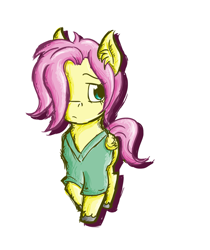 Size: 1273x1517 | Tagged: safe, artist:dreamingnoctis, character:fluttershy, species:pegasus, species:pony, adorascotch, ask asylum twilight, butterscotch, chibi, cute, folded wings, hair over one eye, hospital gown, rule 63, rule63betes, simple background, solo, transparent background
