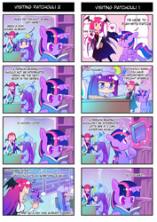 Size: 620x877 | Tagged: safe, artist:sweetsound, character:twilight sparkle, character:twilight sparkle (alicorn), species:alicorn, species:pony, 4koma, blue mane, blue tail, blushing, book, bookshelf, chair, clothing, comic, crossover, game of thrones, glasses, hat, horn, indoors, koakuma, library, light skin, long hair, long mane, long tail, mob cap, necktie, open mouth, original species, patchouli knowledge, pink mane, pink tail, purple hair, purple mane, purple tail, red hair, ribbon, sitting, smiling, standing, succubus, table, tail, touhou, translation, window, wings, youkai