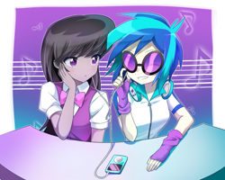 Size: 1750x1400 | Tagged: safe, artist:ryuu, character:dj pon-3, character:octavia melody, character:vinyl scratch, my little pony:equestria girls, bow tie, clothing, duo, female, glasses, gloves, headphones, music notes, music player