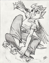 Size: 612x792 | Tagged: safe, artist:bhawk, character:scootaloo, species:anthro, species:pegasus, species:pony, clothing, female, grayscale, monochrome, pencil drawing, skateboard, skaterloo, smiling, solo, traditional art