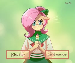 Size: 1849x1549 | Tagged: safe, artist:traupa, character:fluttershy, species:anthro, species:pegasus, species:pony, clothing, dating sim, female, mare, solo, video game