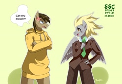 Size: 2532x1745 | Tagged: safe, artist:traupa, character:derpy hooves, character:doctor whooves, character:time turner, species:anthro, species:earth pony, species:pegasus, species:pony, alternate hairstyle, clothes swap, clothing, cross-popping veins, crossdressing, female, hoodie, looking at each other, male, mane swap, necktie, simple background, sudden style change