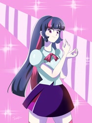 Size: 2977x3952 | Tagged: safe, artist:traupa, character:twilight sparkle, species:human, clothing, cute, equestria girls outfit, female, humanized, looking at you, moe, pleated skirt, skirt, socks, thigh highs, thighs, zettai ryouiki