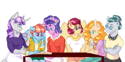 Size: 3700x1838 | Tagged: safe, artist:gigason, character:cloudy quartz, character:cookie crumbles, character:pear butter, character:posey shy, character:twilight velvet, character:windy whistles, species:anthro, species:earth pony, species:pegasus, species:pony, species:unicorn, book, clothing, female, mare, mom six, pants, reading, shirt, simple background, transparent background