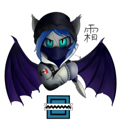 Size: 2500x2500 | Tagged: safe, artist:lunar froxy, oc, oc only, oc:lunar frost, species:bat pony, species:pony, bust, canadian, canadian flag, chinese, crossover, frost, jtf 2, knife, logo, male, rainbow six siege, simple background, solo, stallion, transparent background