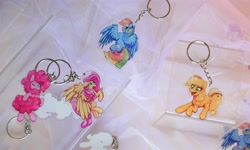 Size: 3693x2215 | Tagged: safe, artist:loneless-art, character:applejack, character:fluttershy, character:pinkie pie, character:rainbow dash, species:pony, candy, charm, food, irl, keychain, merchandise, photo, physical, sweets