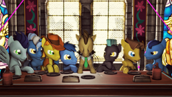 Size: 3840x2160 | Tagged: safe, artist:dj-chopin, character:blues, character:braeburn, character:caramel, character:doctor whooves, character:noteworthy, character:pokey pierce, character:soarin', character:thunderlane, character:time turner, species:earth pony, species:pegasus, species:pony, species:unicorn, 3d, fine art parody, male, nightlight, source filmmaker, stallion, the last supper