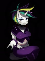 Size: 1615x2191 | Tagged: safe, artist:traupa, character:rarity, species:anthro, episode:it isn't the mane thing about you, g4, my little pony: friendship is magic, alternate hairstyle, black background, bracelet, choker, collar, devil horn (gesture), female, jewelry, punk, punkity, simple background, solo, spiked choker, spiked collar, spiked wristband, studded bracelet, wristband