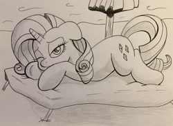 Size: 3447x2516 | Tagged: safe, artist:stammis, character:rarity, species:pony, beach, female, high res, monochrome, movie accurate, prone, solo, traditional art