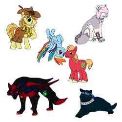 Size: 1000x1000 | Tagged: safe, artist:karmadash, character:big mcintosh, character:braeburn, character:rainbow dash, non-mlp oc, oc, species:earth pony, species:pegasus, species:pony, species:wolf, ship:rainbowmac, bard, fantasy class, female, gift art, male, non-pony oc, request, requested art, shipping, simple background, sketch, sketch dump, straight, transparent background, unshorn fetlocks