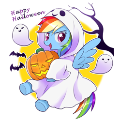 Size: 1400x1400 | Tagged: safe, artist:ryuu, character:rainbow dash, species:bat, species:pegasus, species:pony, blushing, clothing, costume, cute, dashabetes, female, ghost, ghost costume, halloween, halloween costume, happy halloween, holiday, jack-o-lantern, mare, open mouth, pumpkin, solo