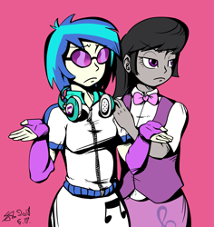 Size: 1299x1377 | Tagged: safe, artist:sozglitch, character:dj pon-3, character:octavia melody, character:vinyl scratch, my little pony:equestria girls, duo, female, headphones, simple background