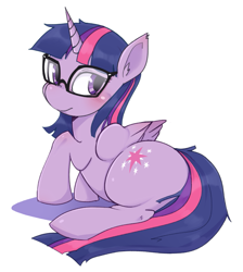 Size: 893x996 | Tagged: safe, artist:hua, character:twilight sparkle, character:twilight sparkle (alicorn), character:twilight sparkle (scitwi), species:alicorn, species:pony, blushing, cute, female, glasses, looking at you, mare, scitwilicorn, simple background, solo, twiabetes, white background