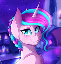 Size: 1936x2030 | Tagged: safe, artist:derpsonhooves, edit, character:princess flurry heart, species:pony, castle, crystal empire, female, mare, night, older, older flurry heart, smiling, solo