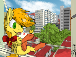 Size: 2156x1620 | Tagged: safe, artist:starrypallet, oc, oc only, oc:obsolete tech, species:pegasus, species:pony, butterfly, chest fluff, church, city, cityscape, male, solo, stallion