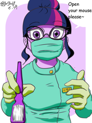 Size: 1200x1600 | Tagged: safe, artist:sozglitch, character:twilight sparkle, character:twilight sparkle (scitwi), species:eqg human, my little pony:equestria girls, clothing, dentist, engrish, female, glasses, gloves, japanese, latex, latex gloves, misspelling, rubber gloves, solo, toothbrush