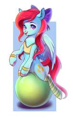 Size: 1513x2489 | Tagged: safe, artist:ghst-qn, oc, oc only, oc:cara swiftwing, species:pegasus, species:pony, clothing, exercise ball, female, hair bow, mare, smiling, socks, solo, straddling, striped socks, sweatband, tank top, wings, workout