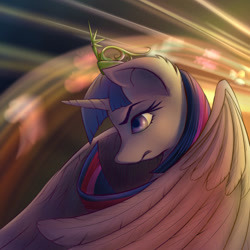Size: 1024x1024 | Tagged: safe, artist:stratodraw, character:twilight sparkle, character:twilight sparkle (alicorn), species:alicorn, species:pony, badass, big crown thingy, crepuscular rays, crown, element of magic, female, jewelry, mare, regal, regalia, solo
