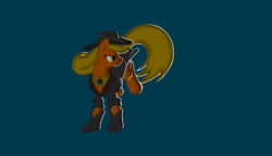 Size: 1280x736 | Tagged: safe, artist:nadnerbd, character:applejack, character:nightmare applejack, fanfic:contraptionology!, backlit, clothing, corrupted, element of honesty, fanfic art, fangs, female, jacket, leather boots, leather jacket, nightmarified, simple background, solo