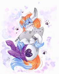 Size: 844x1065 | Tagged: safe, artist:scootiegp, oc, oc only, species:pony, species:unicorn, blushing, cat, clothing, cute, female, mare, plushie, pusheen, smiling, socks, striped socks, traditional art, watercolor painting