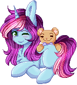 Size: 152x167 | Tagged: safe, artist:sketchyhowl, oc, oc only, oc:rainbow kitty, species:pony, species:unicorn, animated, female, floatie, gif, huge ears, mare, one eye closed, pixel art, simple background, solo, teddy bear, transparent background, wink