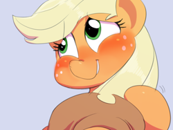 Size: 640x480 | Tagged: safe, artist:sunibee, character:applejack, species:earth pony, species:pony, applejack's hat, blushing, clothing, cowboy hat, fanning, female, freckles, hat, mare, shy, shy smile, simple background, smiling, solo