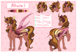 Size: 4464x3024 | Tagged: safe, artist:xenalollie, oc, oc:allure, species:pony, species:reformed changeling, curved horn, female, reference sheet, solo