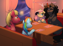 Size: 2321x1680 | Tagged: safe, artist:evehly, artist:karmadash, character:big mcintosh, character:fluttershy, character:king sombra, character:rainbow dash, species:pegasus, species:pony, species:unicorn, ship:rainbowmac, ship:sombrashy, collaboration, crack shipping, double date, female, male, mare, restaurant, shipping, straight, talking