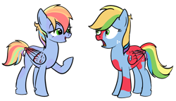 Size: 804x459 | Tagged: safe, artist:karmadash, oc, oc only, oc:zapple, oc:zappletta, parent:big macintosh, parent:rainbow dash, parents:rainbowmac, species:pegasus, species:pony, artstyle evolution, colored wings, duo, female, mare, new design, offspring, old vs new, redesign, self paradox, simple background, transparent background