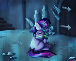Size: 1053x839 | Tagged: safe, artist:c-puff, character:spike, character:twilight sparkle, character:twilight sparkle (unicorn), species:dragon, species:pony, species:unicorn, episode:the crystal empire, g4, my little pony: friendship is magic, anxiety, comfort, comforting, crowning moment of heartwarming, crying, cute, door, fear, feels, female, heartwarming, hug, male, mama twilight, mare, missing cutie mark, scene interpretation, spikabetes, spikelove, stairs, sweet dreams fuel, twiabetes