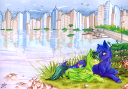Size: 2450x1704 | Tagged: safe, artist:scootiegp, oc, species:pegasus, species:pony, species:unicorn, blue fur, blushing, city, cityscape, couple, grass, green fur, lying down, traditional art, water