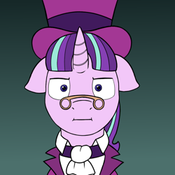 Size: 750x750 | Tagged: safe, artist:redquoz, character:snowfall frost, character:starlight glimmer, species:pony, species:unicorn, newbie artist training grounds, atg 2018, clothing, female, floppy ears, frozen, hat, looking at you, mare, solo, spectacles, top hat