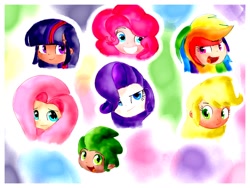 Size: 1024x768 | Tagged: safe, artist:andromedasparkz, character:applejack, character:fluttershy, character:pinkie pie, character:rainbow dash, character:rarity, character:spike, character:twilight sparkle, species:human, female, human spike, humanized, mane six, smiling