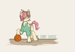 Size: 1581x1104 | Tagged: safe, artist:dreamingnoctis, character:fluttershy, species:pegasus, species:pony, alternate hairstyle, ball, basketball, butterscotch, clothing, ear fluff, male, rule 63, shirt, solo, sports, stallion, text, unshorn fetlocks